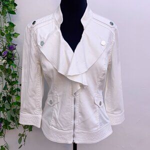 White House Black Market White Denim Ruffle Collar Jacket Size 6